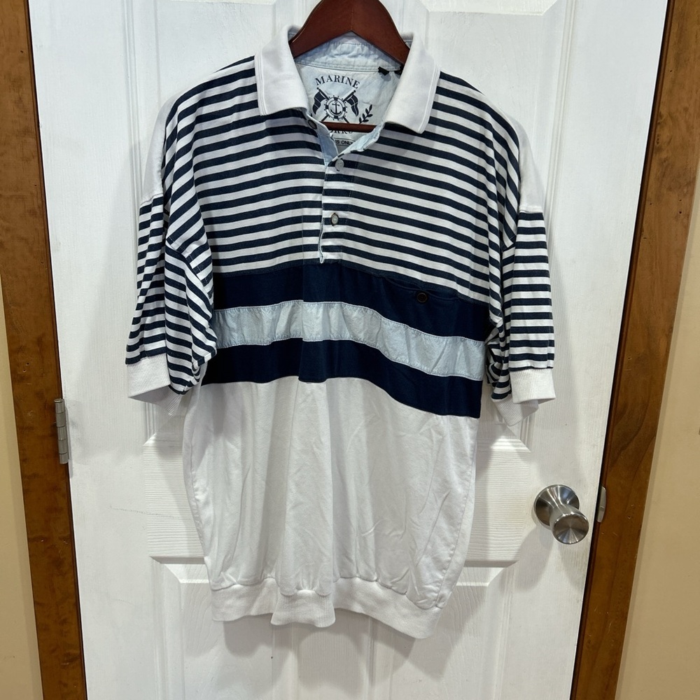Members Only White & Navy Striped Polo